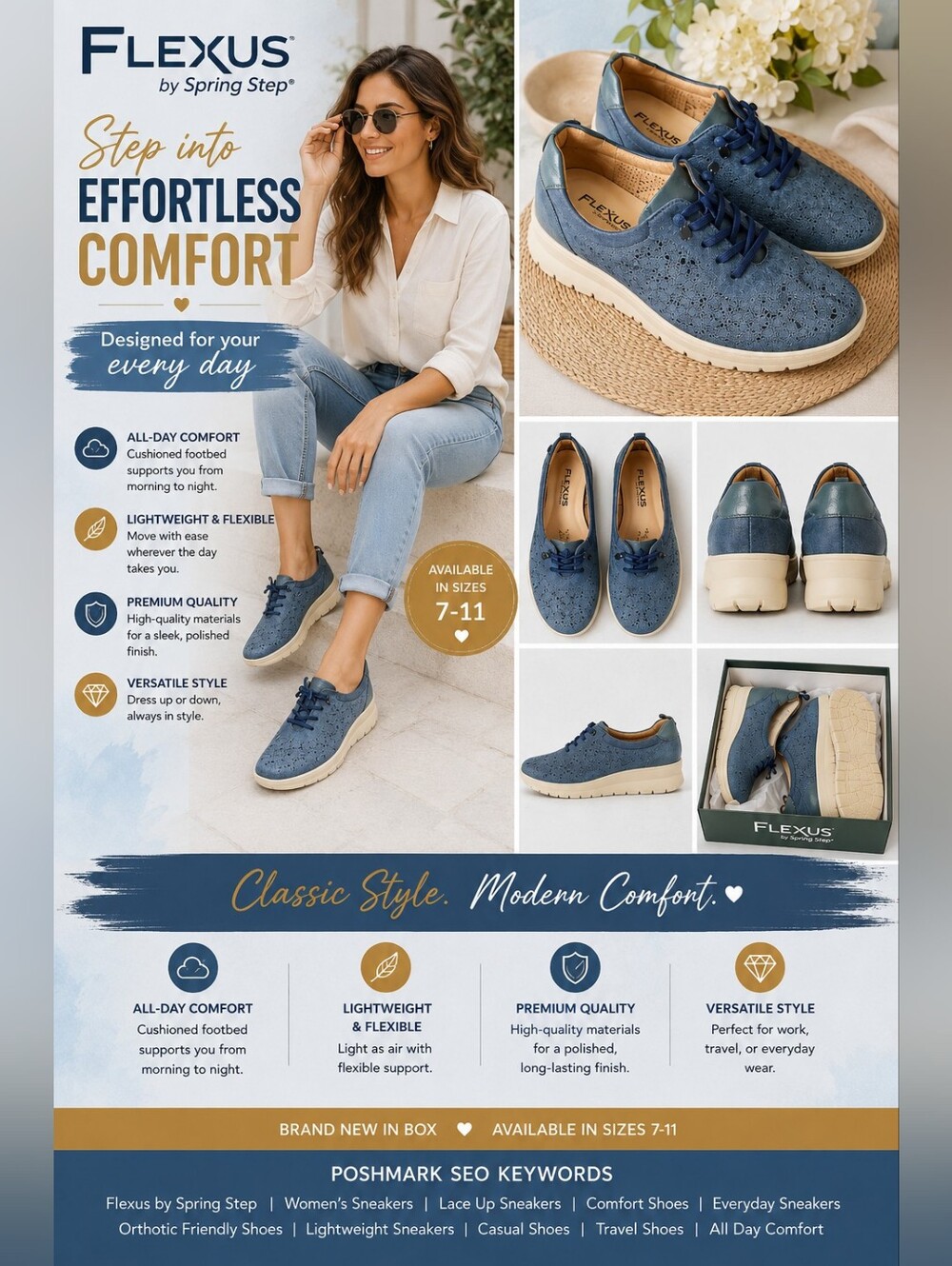 Flexus by Spring Step Blue Lace Up Comfort Sneakers NIB Womens 6.5-7 8.5